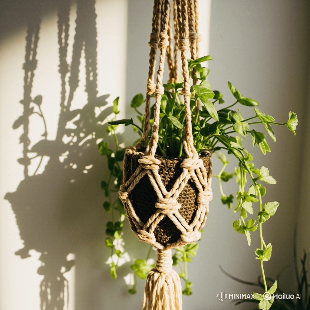 Simple macrame plant hanger with natural fibers
